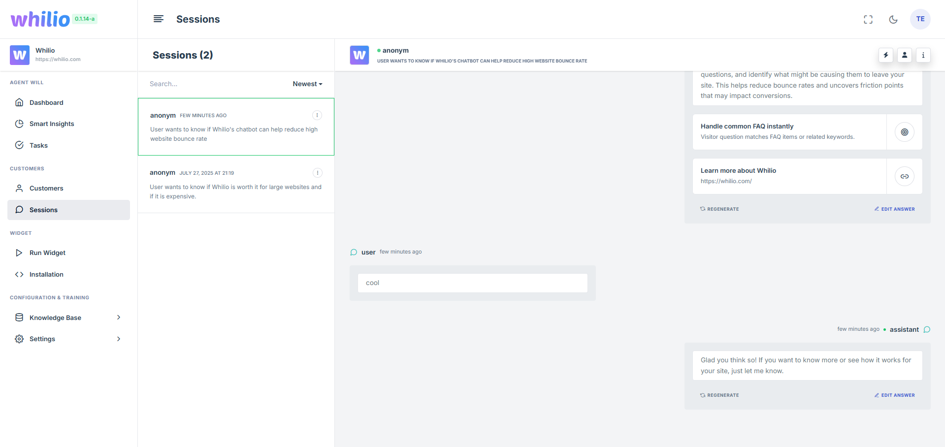Whilio dashboard